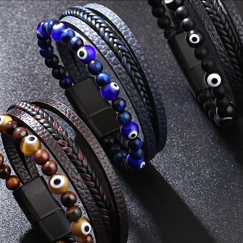 Evil Eye Tiger Eye Bracelet – Three variants tiger eye blue black layered evil eye bracelets close-up