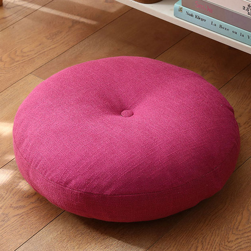 Lotus Linen Meditation Cushion – Rich magenta pink tufted on wood floor, vivid decor