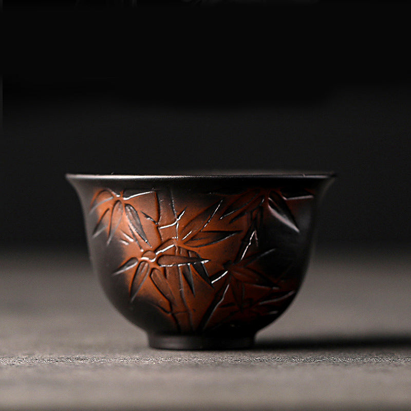 Ceramic Tea Cup – Sgraffito bamboo stalks and leaves on dark stoneware, nature tea bowl