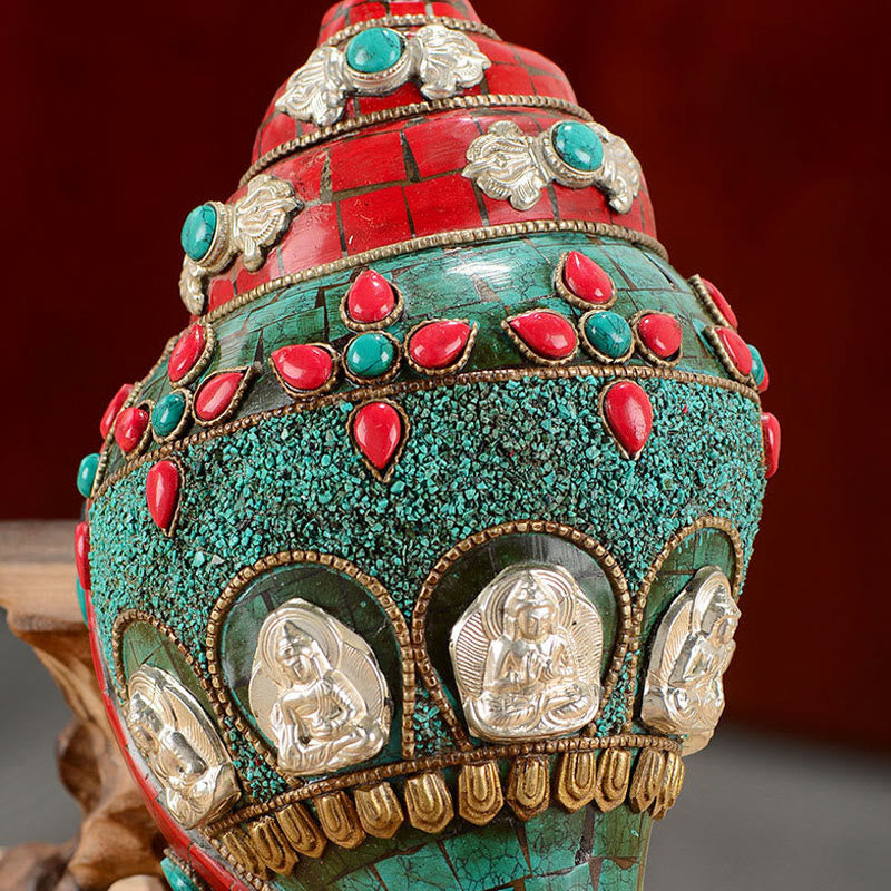 Turquoise Shankha Conch – on brass stand with candlelight reflecting off turquoise, altar centerpiece