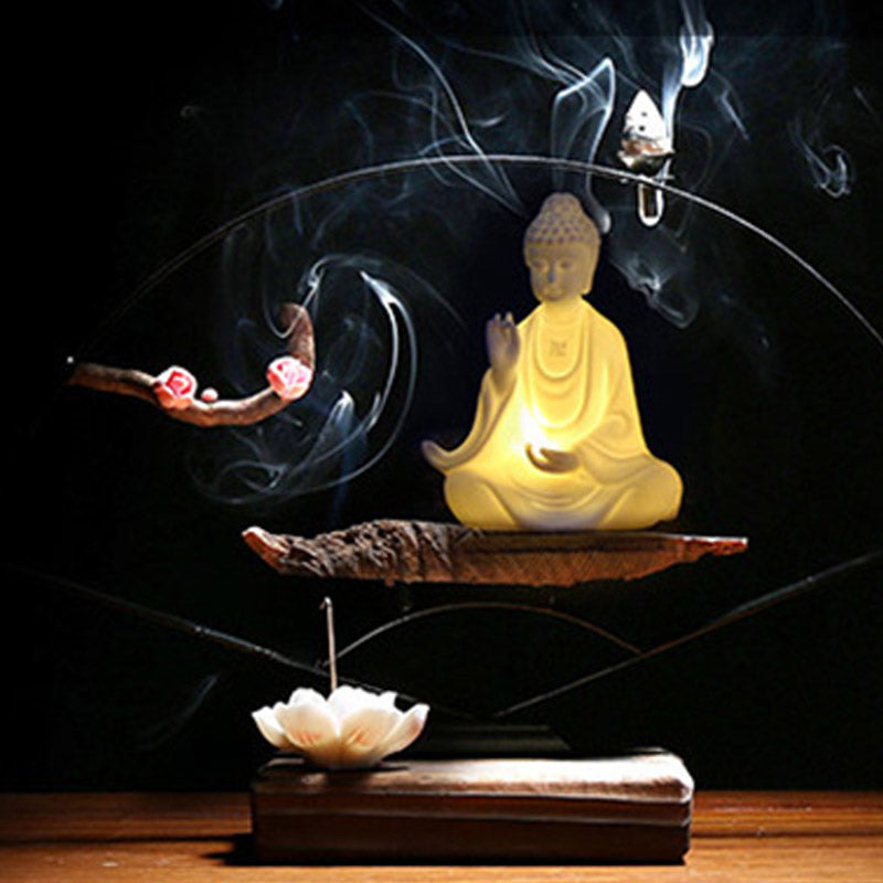 Ceramic LED Bodhisattva Decoration – LED Buddha, backflow incense, smoke, blossom branch, wood base