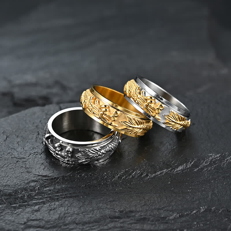 Dragon Titanium Steel Ring – Three dragon ring variants on dark slate, statement