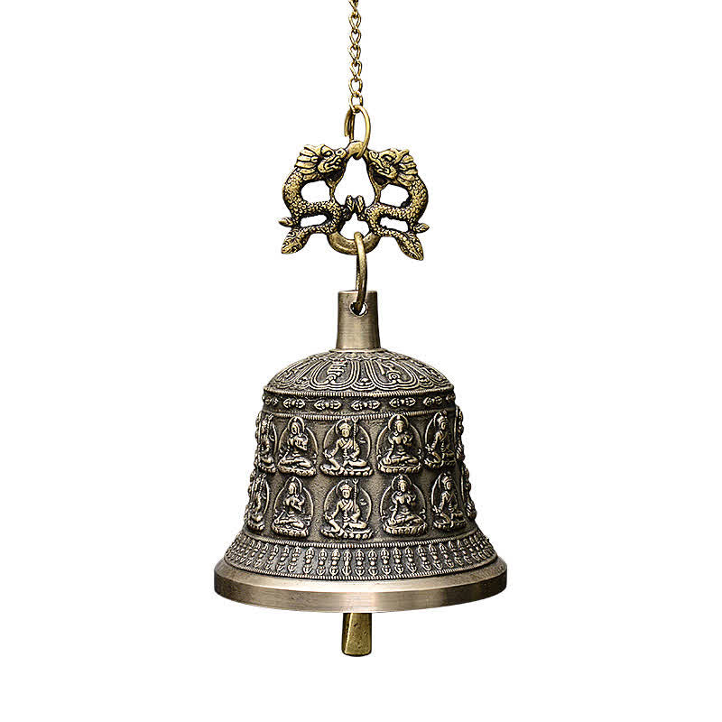 Tibetan Buddha Dragon Bell with size annotations 20.5cm by 15.5cm, misty mountain backdrop, traditional, feng shui