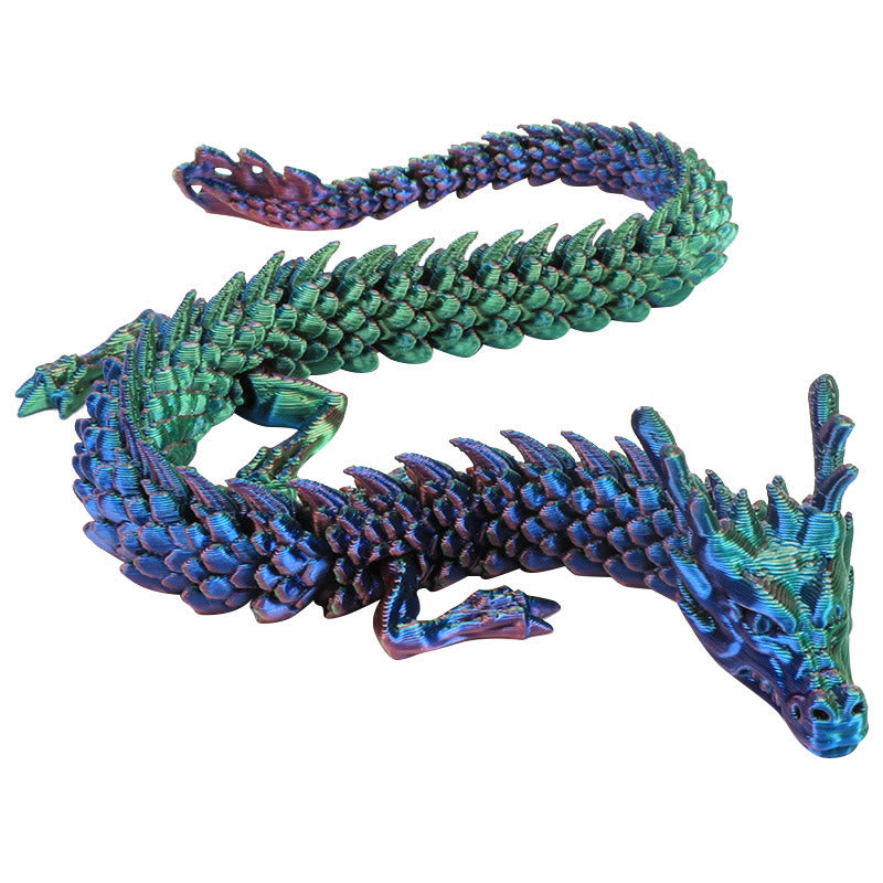Feng Shui 3D Dragon - Iridescent blue-green articulated dragon in S-curve on white background, mystical decor