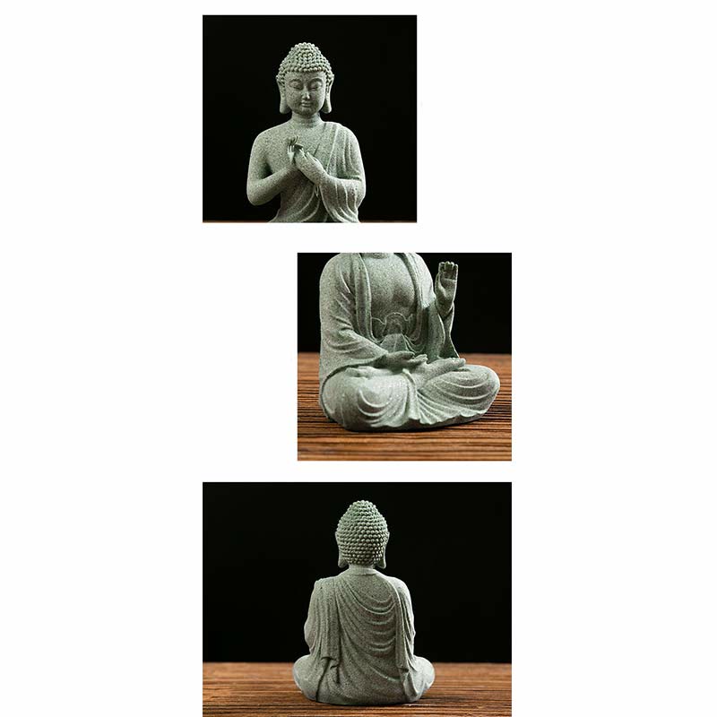 Green Sandstone Buddha Statue – Front side and back views of Buddha figures collage
