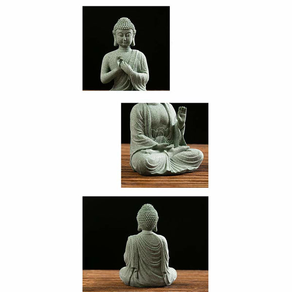 Green Sandstone Buddha Statue – Front side and back views of Buddha figures collage