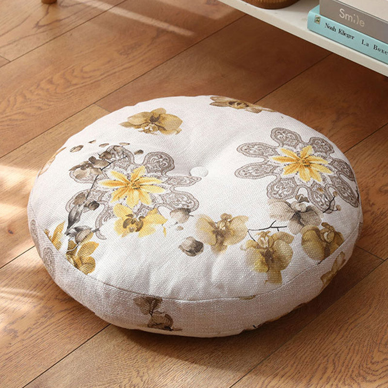 Lotus Linen Meditation Cushion – Yellow daisy floral print with gray lace overlay