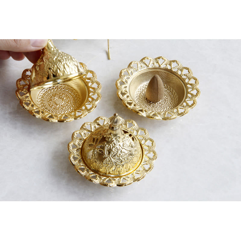 Tibetan Gold Mini Meditation Incense Burner – Open base with cone, empty base interior pattern, assembled gold dome