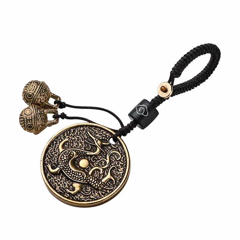 Four Symbols Constellation Key Chain - Dragon medallion keychain with temple bells and cloud bead, Guardian