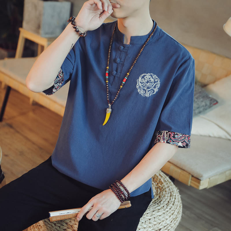 Dragon Embroidery Frog-Button Linen Tang Suit Shirt - Navy Tang suit on model with paisley cuffs, elegant