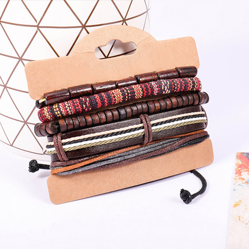 Red Sandalwood Hemp Leather Wrap Bracelet – five stacked bracelets on kraft cardboard hanger, wire sphere prop, studio shot