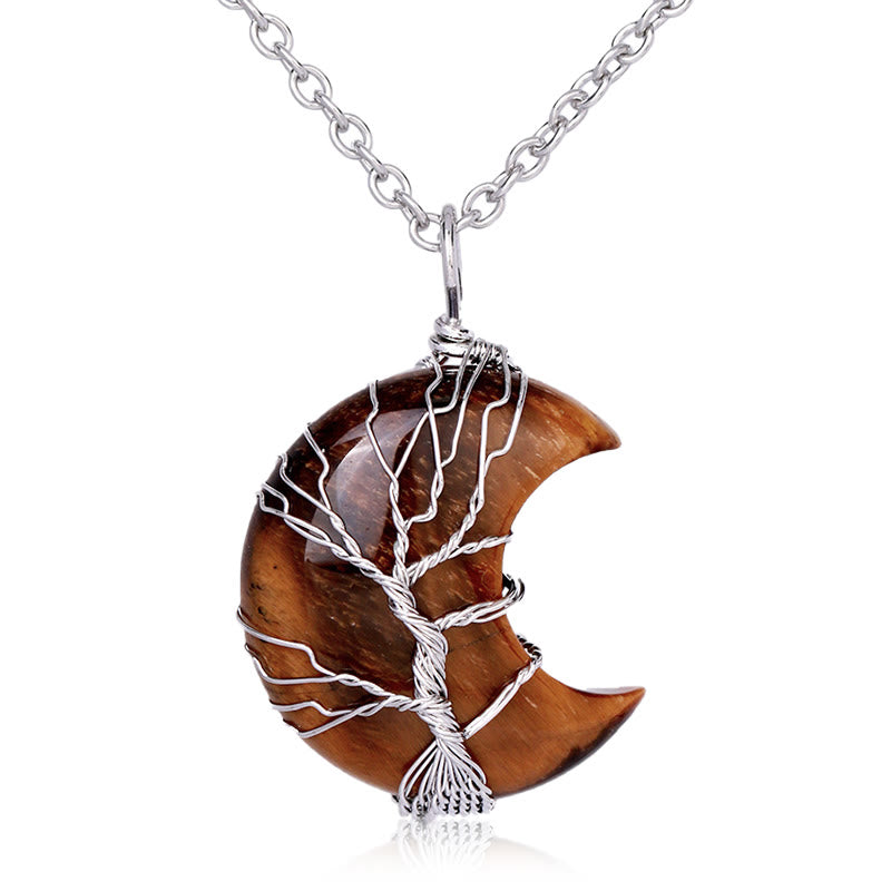 Quartz Crystal Moon Tree of Life Pendant – tiger eye golden-brown crescent with silver wire tree on white, healing
