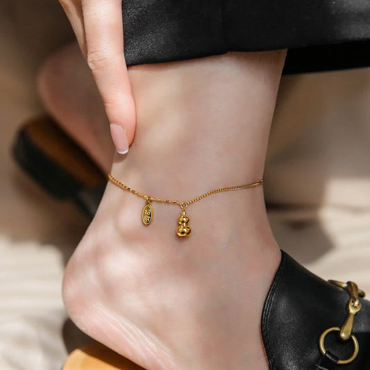18K Gold Lucky Gourd Wealth Buckle Anklet, image 1