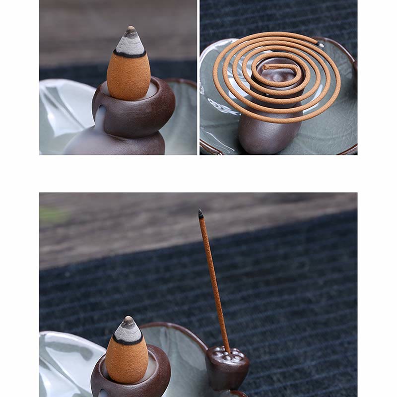 Lotus Ceramic Backflow Incense Burner - multi-angle detail of backflow cone and spiral coil in use