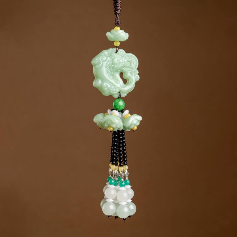 FengShui Jade PiXiu Car Pendant – light green jade PiXiu hanging ornament, brown background, protection good luck charm