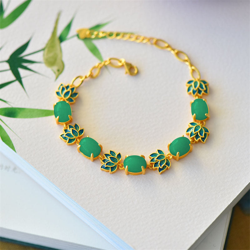 White Cyan Jade Lotus Bracelet - Green jade cabochons with cyan enamel lotus on books, bamboo, healing stone