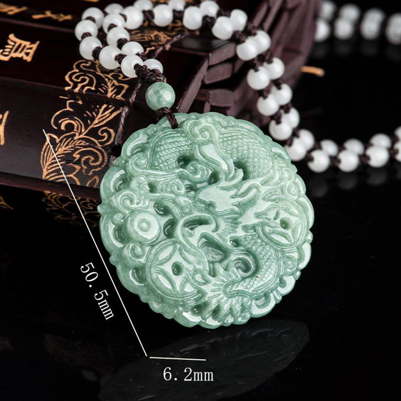 Dragon Jade Fortune Necklace – Double dragon jade pendant with measurements, Luck