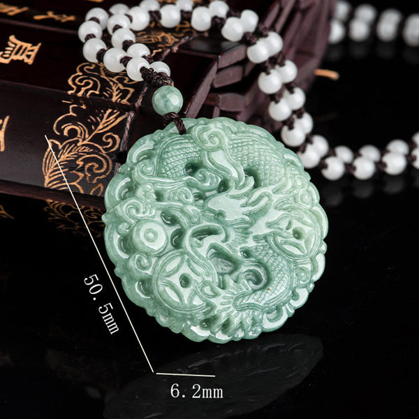 Dragon Jade Fortune Necklace – Double dragon jade pendant with measurements, Luck