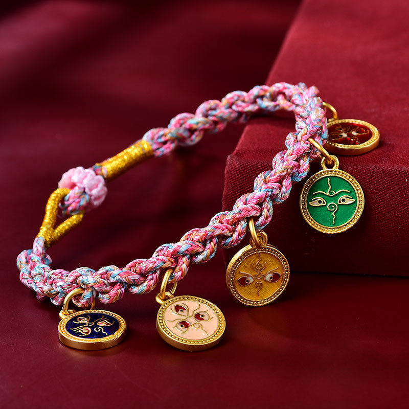 Bracelet tressé tibétain fait main en corde multicolore, symbole des cinq dieux de la richesse et de la chance 