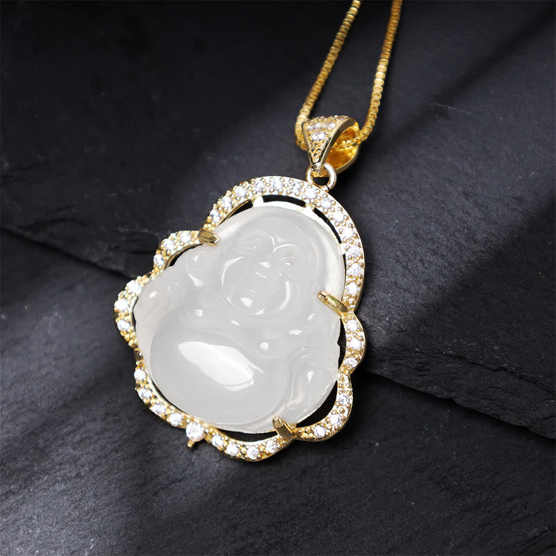 Jade Laughing Buddha Luck Necklace – white jade Buddha on black slate with gold crystal frame, closeup protection