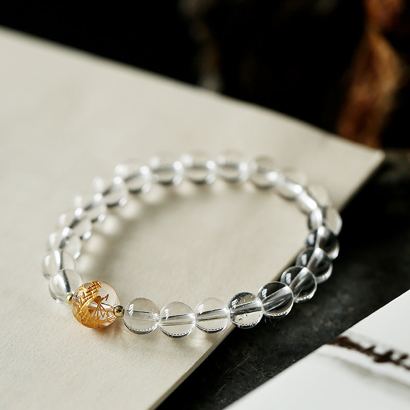 Black Obsidian White Crystal Onyx Dragon Bracelet - Clear quartz beads with golden rutilated focal on stone, Clarity