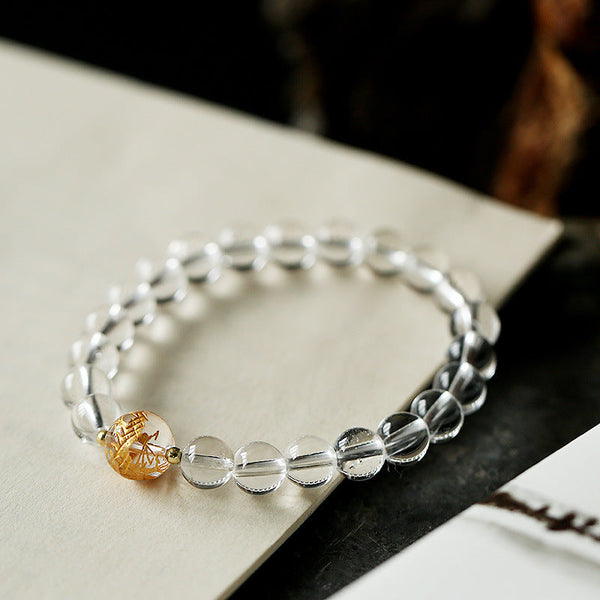 Black Obsidian White Crystal Onyx Dragon Bracelet - Clear quartz beads with golden rutilated focal on stone, Clarity