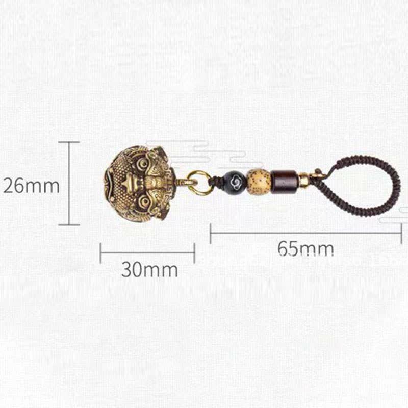 Pixiu Wealth Copper Key Chain – size chart on white background, 26mm 30mm 65mm dimensions product specs