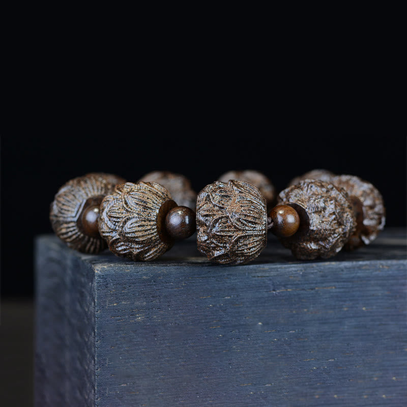 Ebony Wood Eighteen Arhats Lotus Dragon Bracelet - Lotus relief beads in vertical curve, Balance Harmony