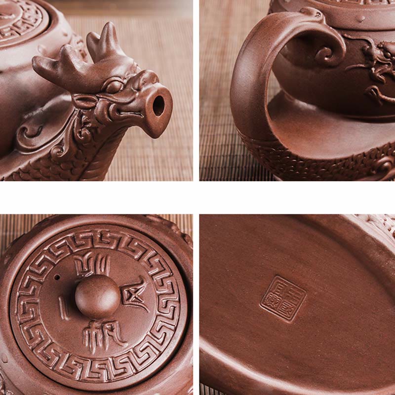 Vintage Dragon Auspicious Clouds Teapot – four-panel detail showing spout handle lid pattern and maker seal, craft collage