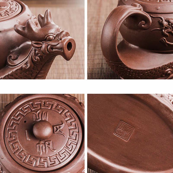 Vintage Dragon Auspicious Clouds Teapot – four-panel detail showing spout handle lid pattern and maker seal, craft collage
