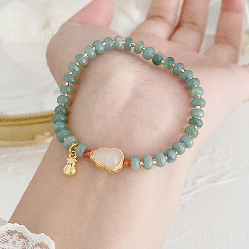 Hetian Jade Pearl Fu Gourd Money Bag Bracelet – Jade bracelet with jade disc, amethyst and pearl on shell, healing jewelry