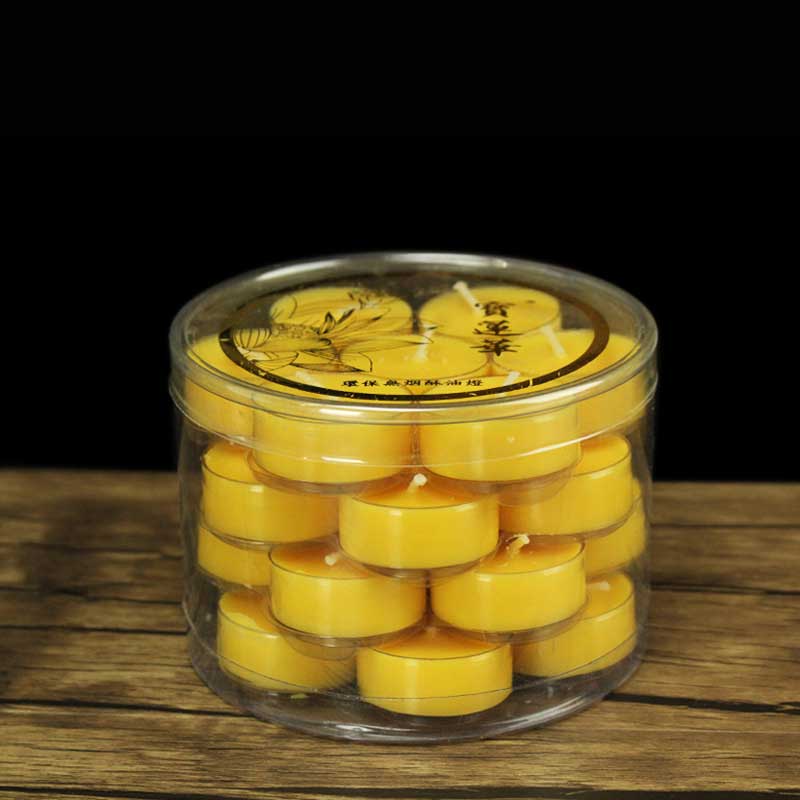 Lotus Candle Holder – Golden yellow Buddhist tealights in clear container with lotus lid, peace