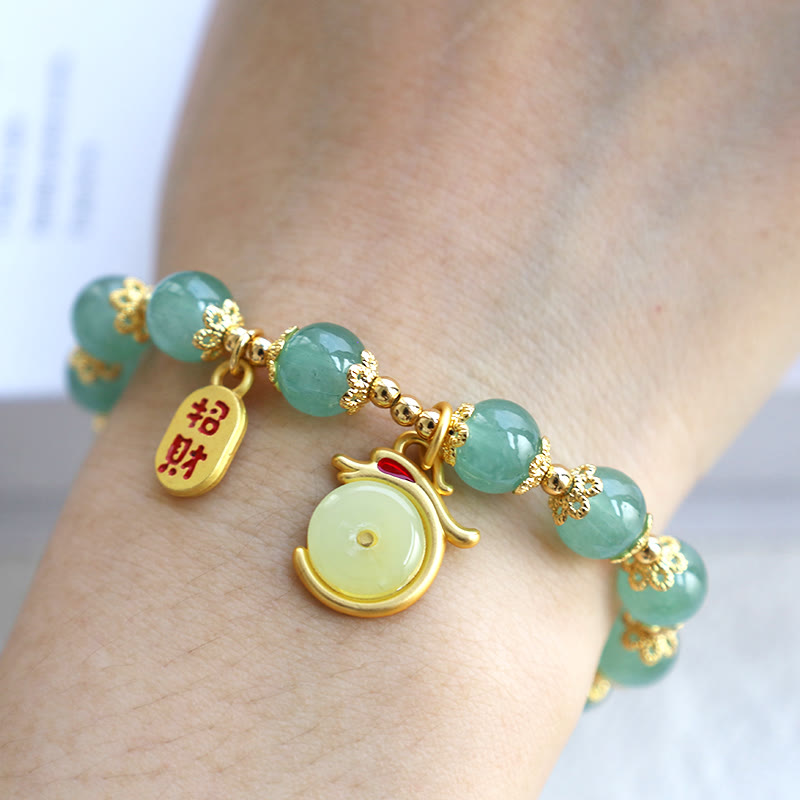Red Agate Aventurine Dragon Bracelet – Three-quarter wrist view with green beads and gold charms, Auspicious