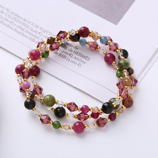 Triple-strand tourmaline strawberry quartz amethyst bracelet with multicolor gemstone beads in burgundy green pink and black, crystal bicone accents, boho wrap bracelet
