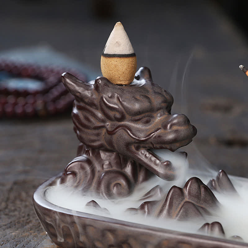 Dragon Mountain Burner - close-up dragon head cascading smoke rustic wood, powerful