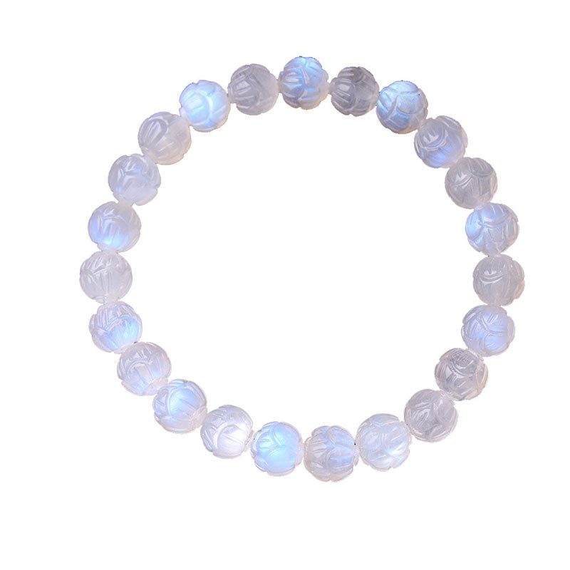 Natural Moonstone Lotus Love Bracelet - pure white background top-down, full circle view