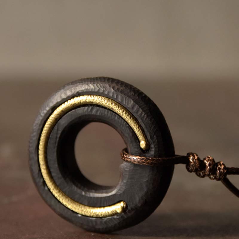 Black Metal Circle Pendant - gold crescent accent on brown leather cord, hand forged tribal artisan necklace