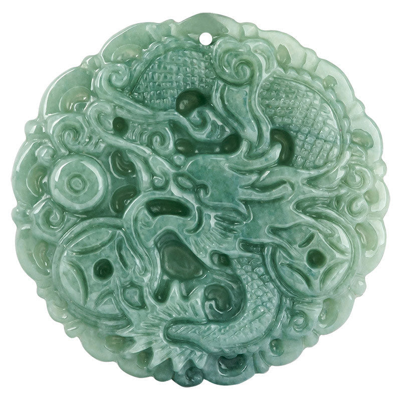 Dragon Jade Fortune Necklace – White background dragon jade disc with drill hole, Prosperity