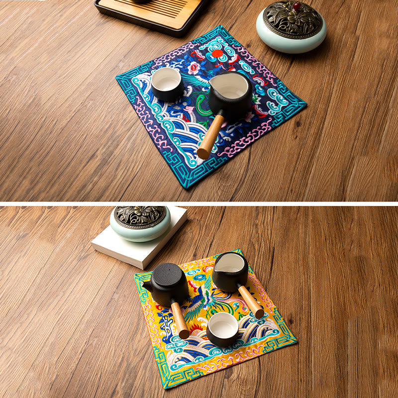 Phoenix Dragon Kirin Embroidery Tea Cup Mat - Blue and yellow mats with tea sets, Versatile Pairing