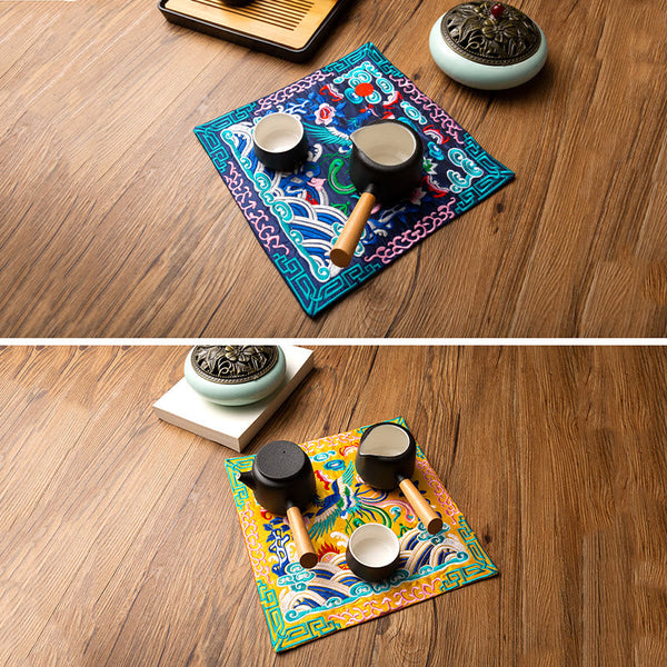 Phoenix Dragon Kirin Embroidery Tea Cup Mat - Blue and yellow mats with tea sets, Versatile Pairing