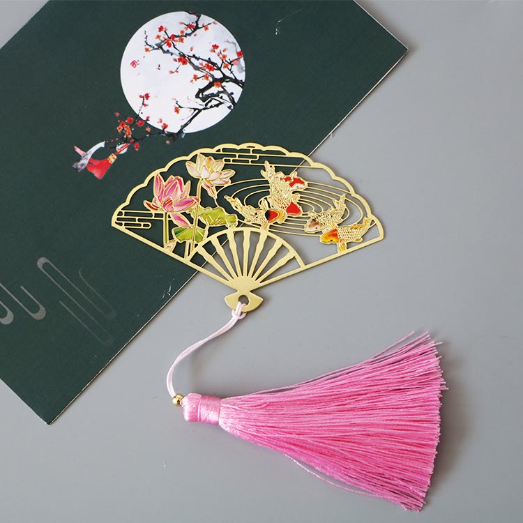 Brass Hollow Fan Bookmark - Lotus and koi fish cutout with pink tassel, harmonious