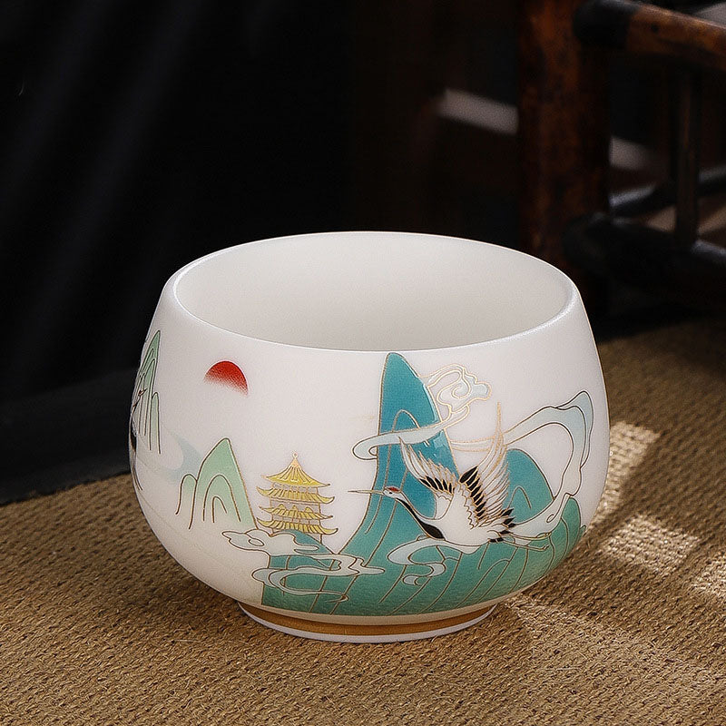 Dragon Cicada Ceramic Tea Bowl - red-crowned crane, jade mountains, golden pagoda and red sun with gold linework