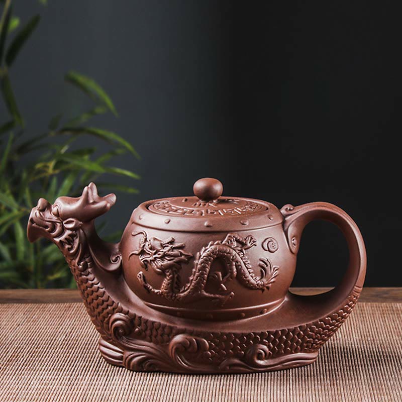 Vintage Dragon Auspicious Clouds Teapot – dragon head spout with relief-carved body on wave base, traditional Chinese arti...