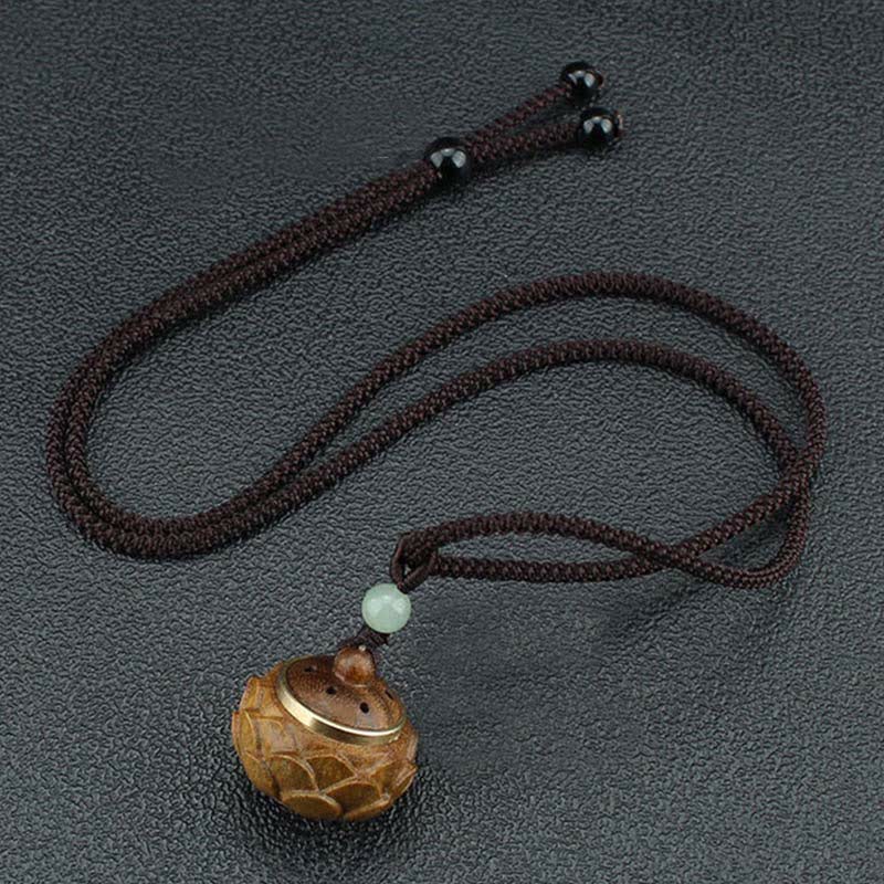 Om Mani Padme Hum Necklace – Wooden lotus bud pendant with brass band, three top holes, adjustable black bead cord