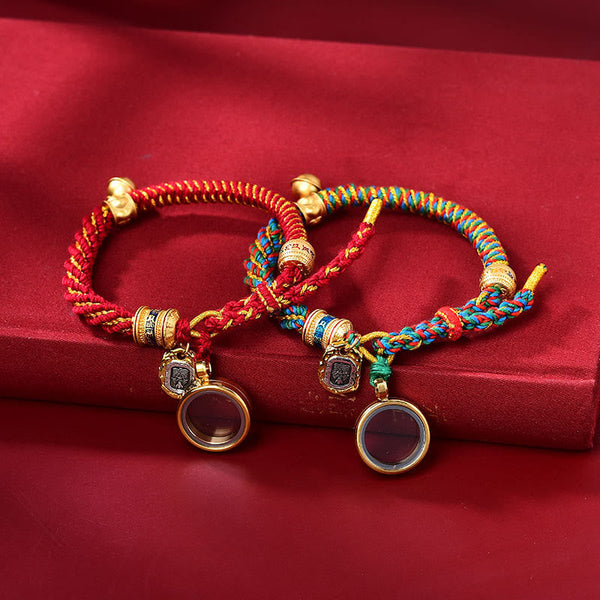 Zakiram Om Mani Padme Hum Charm Bracelet – Two styles on red velvet showing circular stone pendants, charm set