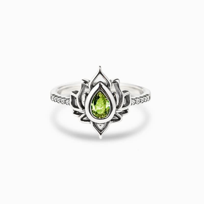 Sterling Silver Lotus Ring – Green peridot lotus front view, green zircon ring
