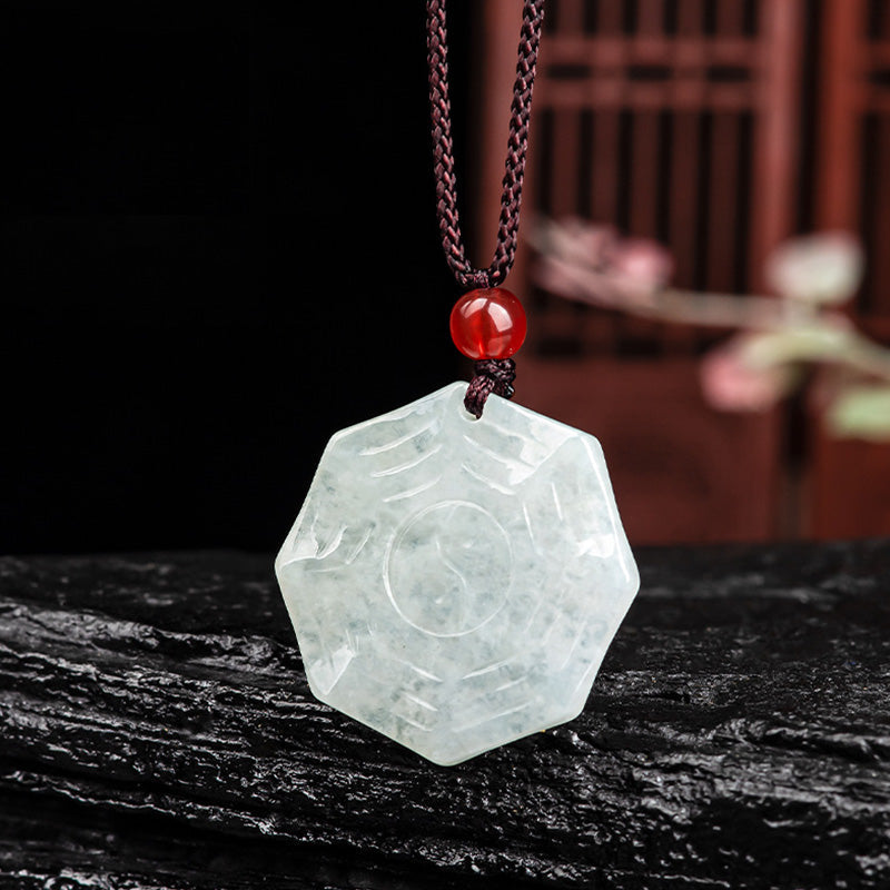 Natural Jade Bagua Yin Yang Luck Necklace - Translucent white jade bagua pendant with red accent bead, traditional chinese ne