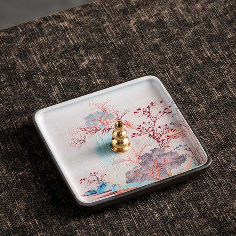 Autumn Landscape Incense Plate – Soft pastel mountain scene with pavilion and trees, brass gourd holder