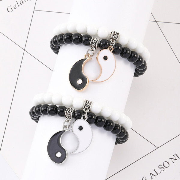 Yin Yang Protection Couple Bracelet - Beaded yin-yang bracelets in silver and rose gold metal finish options, couple match...