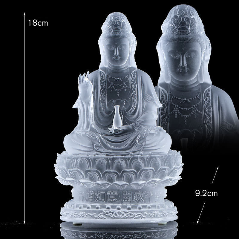 Kwan Yin Liuli Crystal Statue – Side draped garment folds in translucent amber, Oriental elegance